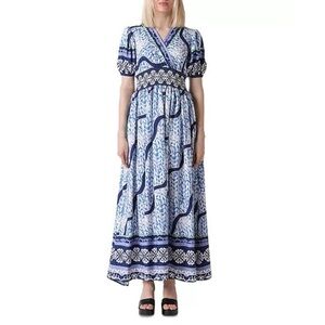 Gracia Smocked Waist Maxi Dress – Size S | Blue Print Puff Sleeve V-Neck | NWT